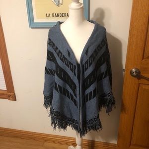 NY Collection Blue and Black Poncho with Sleeves